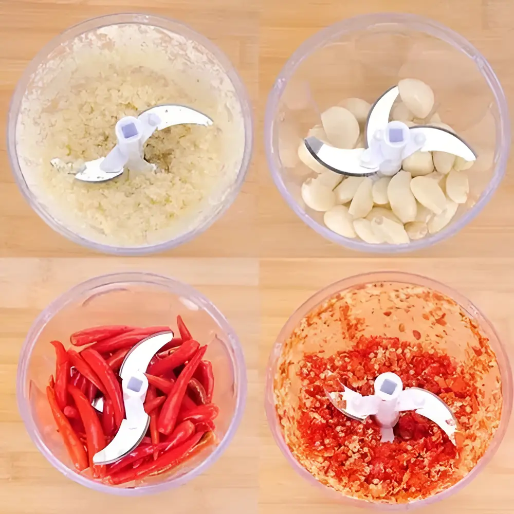 Alimentos preparados com o mini processador manual de brinde