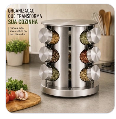 Organizador de temperos giratório em aço inox na bancada da cozinha