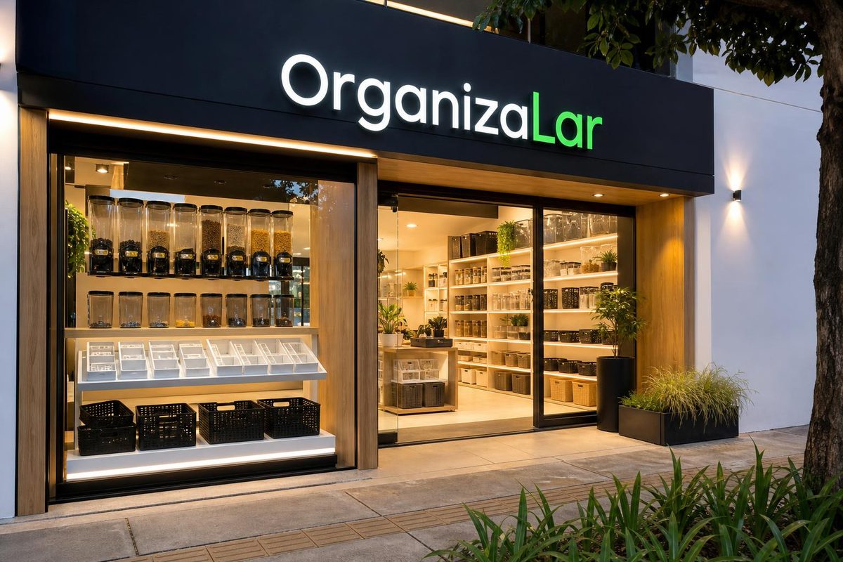 Fachada da loja OrganizaLar com produtos de organização expostos